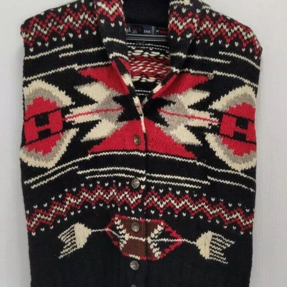 Polo Ralph Lauren Wool Vest Knitted Aztec Argyle Black/Red Button Up Size Medium - Picture 2 of 12
